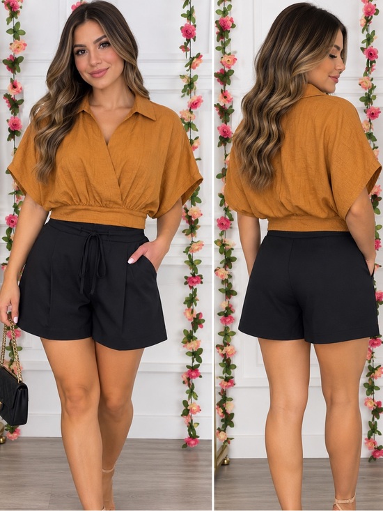 Zenana Outfitters Tops - Zenana- Collared Cropped Top with Stretchy Back Waist- Apricot